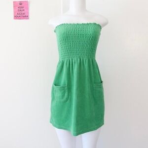 susina green smocked tube dress terry‎ cloth strapless mini size s